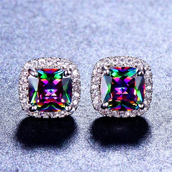 NEW Iridescent Diamond Halo Cushion Stud Earrings - Picture 6 of 7